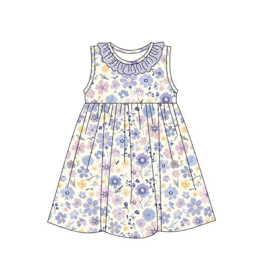 pre -order purple flowers  sleeveless print girl dress GSD2145