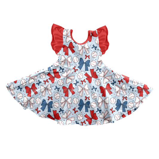 pre -order blue red bows flying sleeve print girl dress GSD2149