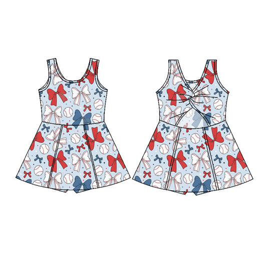 pre -order blue red bows flying sleeve print girl yoga dress GSD2150