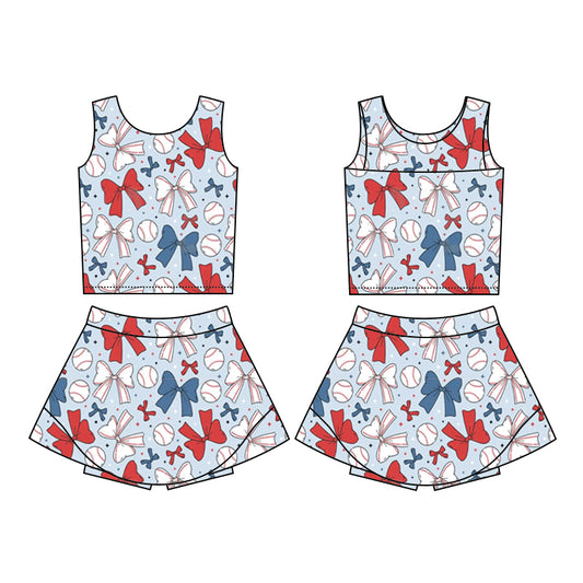 pre -order blue red bows flying sleeve print girl yoga dress GSD2151