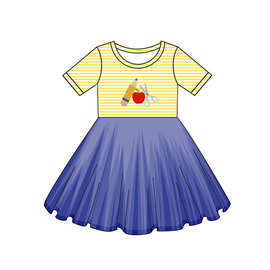 pre -order yellow stripe short sleeve Apple print girl dress GSD2155