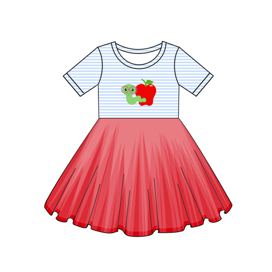 pre -order Blue stripe short sleeve Apple print girl dress GSD2156