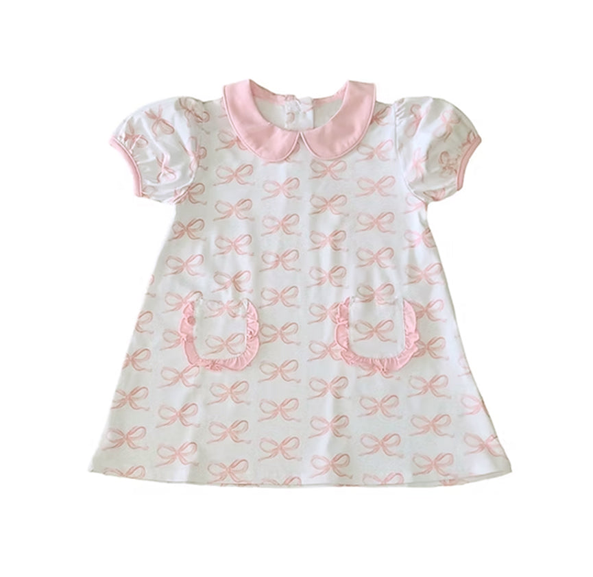 pre -order pink bows short sleeve print girl dress GSD2167