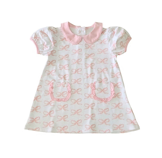 pre -order pink bows short sleeve print girl dress GSD2167
