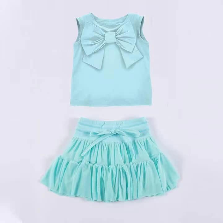 pre -order cyan bow print girl cotton dress GSD2194
