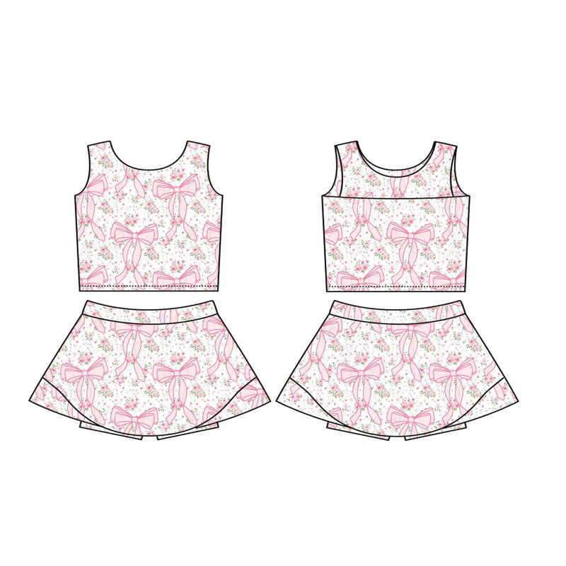 pre -order pink flowers bows print girl yoga dress GSD2197