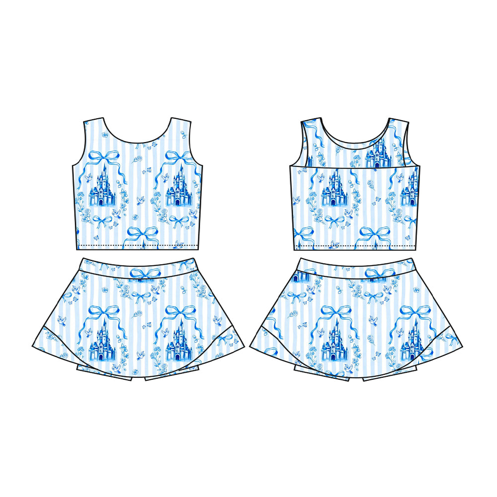 pre -order blue bows print girl yoga dress GSD2198