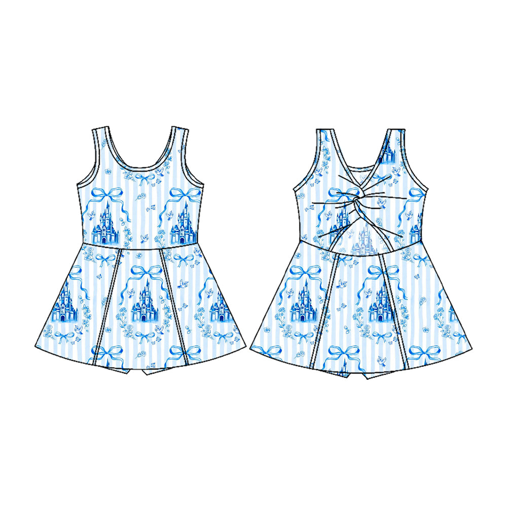 pre -order blue bows print girl yoga dress GSD2199