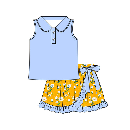 pre -order blue yellow flowers print girl dress GSD2366