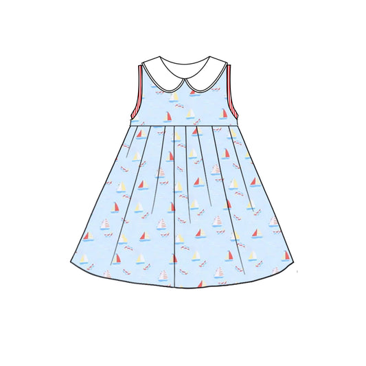 pre -order blue sailing boat print girl dress GSD2376