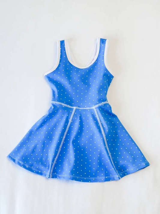 pre -order blue polka sleeveless print girl yoga dress GSD2488