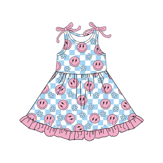 pre -order blue plaid smile  sleeveless print girl dress GSD2506