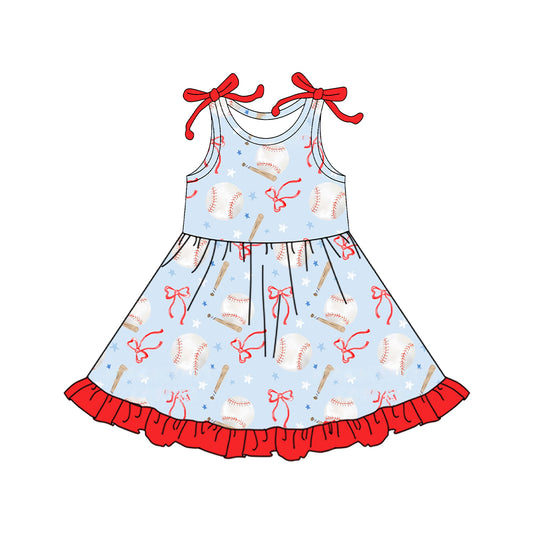 pre -order blue baseball bows  sleeveless print girl dress GSD2507