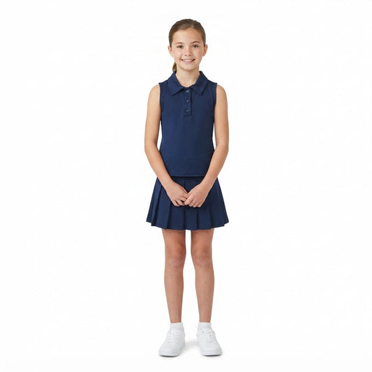 GSD2796 Solid Color Navy Active Pleated Tennis Polo Girls Skorts Set