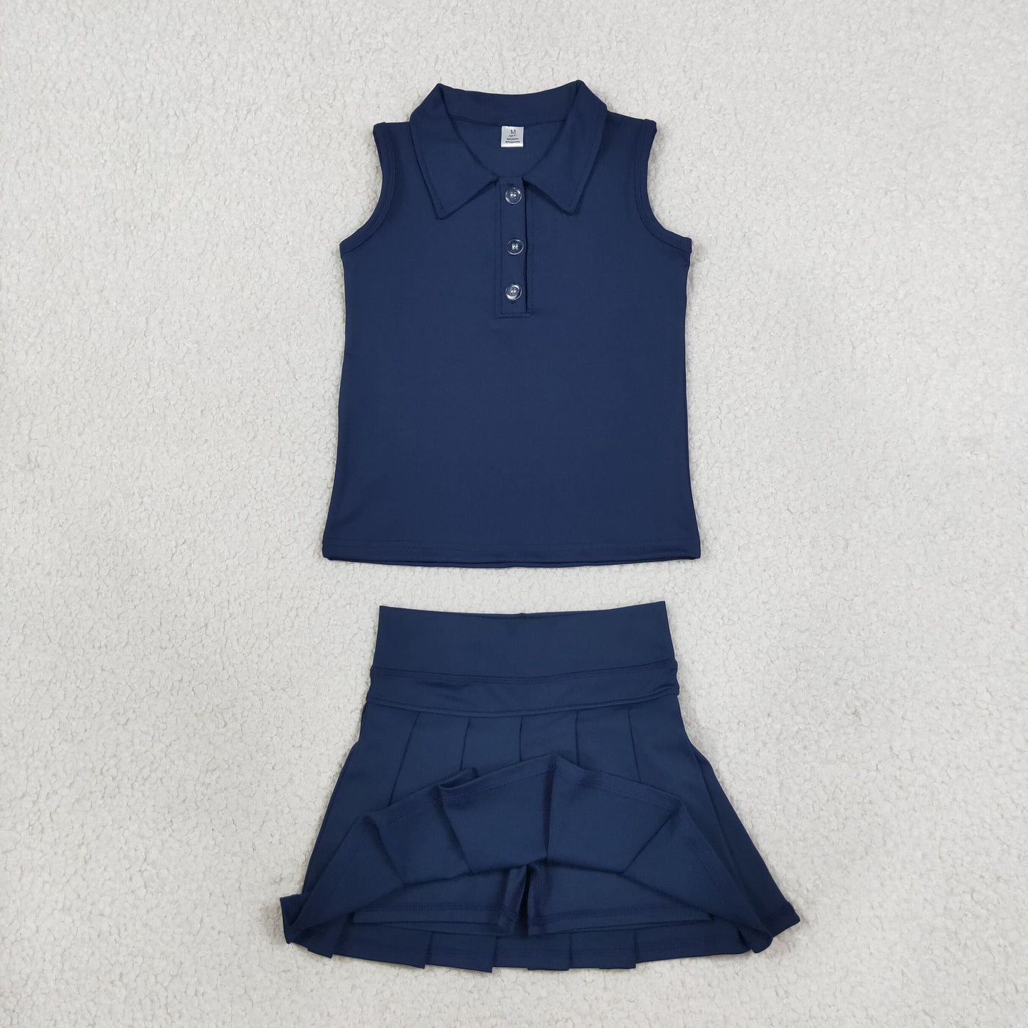 GSD2796 Solid Color Navy Active Pleated Tennis Polo Girls Skorts Set