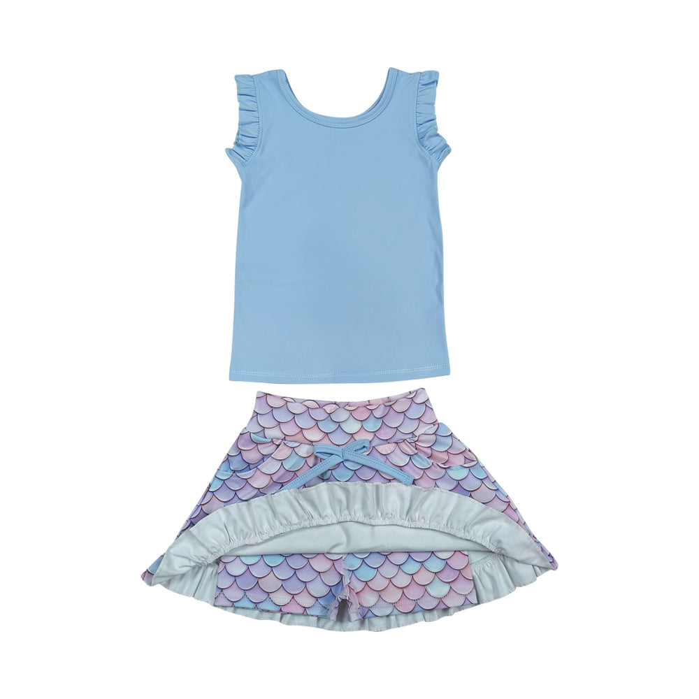 Blue Sleeveless Scale Pattern athletic Set GSD3775