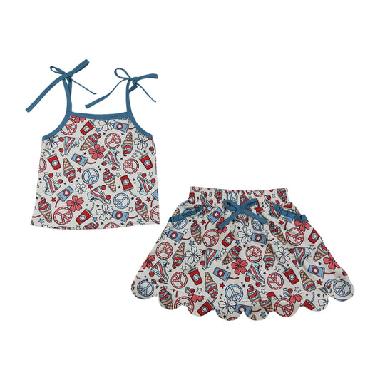 Summer flower scalloped edges sleeveless Girls Set GSD3827