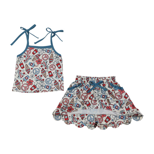 Summer flower scalloped edges sleeveless Girls Set GSD3827