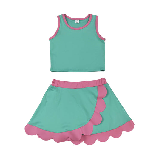Athletic Green Scalloped With Bow Skort Outfits GSD4012