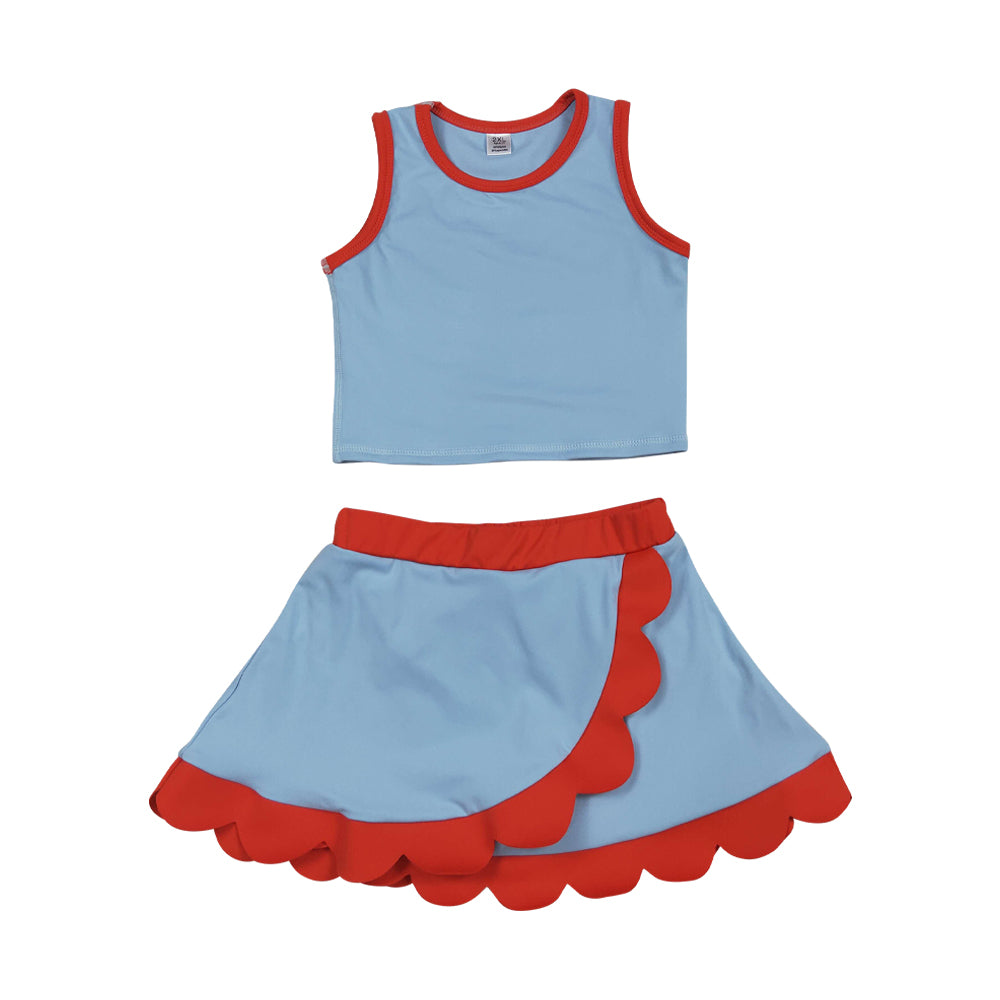 Athletic Blue Red Scalloped With Bow Skort Outfits GSD4020