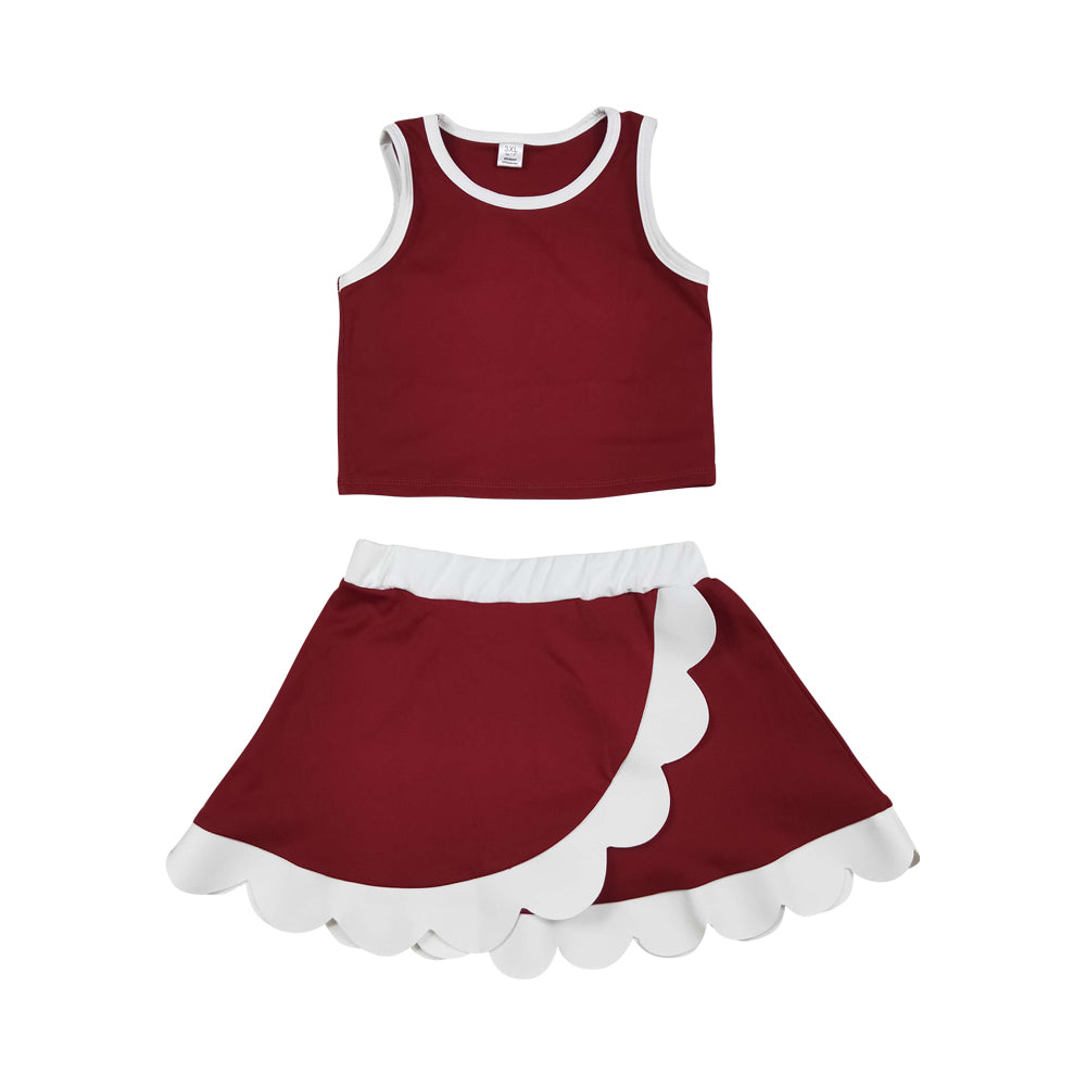 Athletic Dark Red Scalloped With Bow Skort Outfits GSD4027