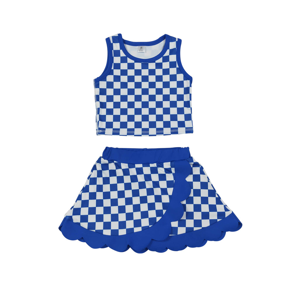 Athletic Blue Plaid Scalloped With Bow Skort Outfits GSD4110