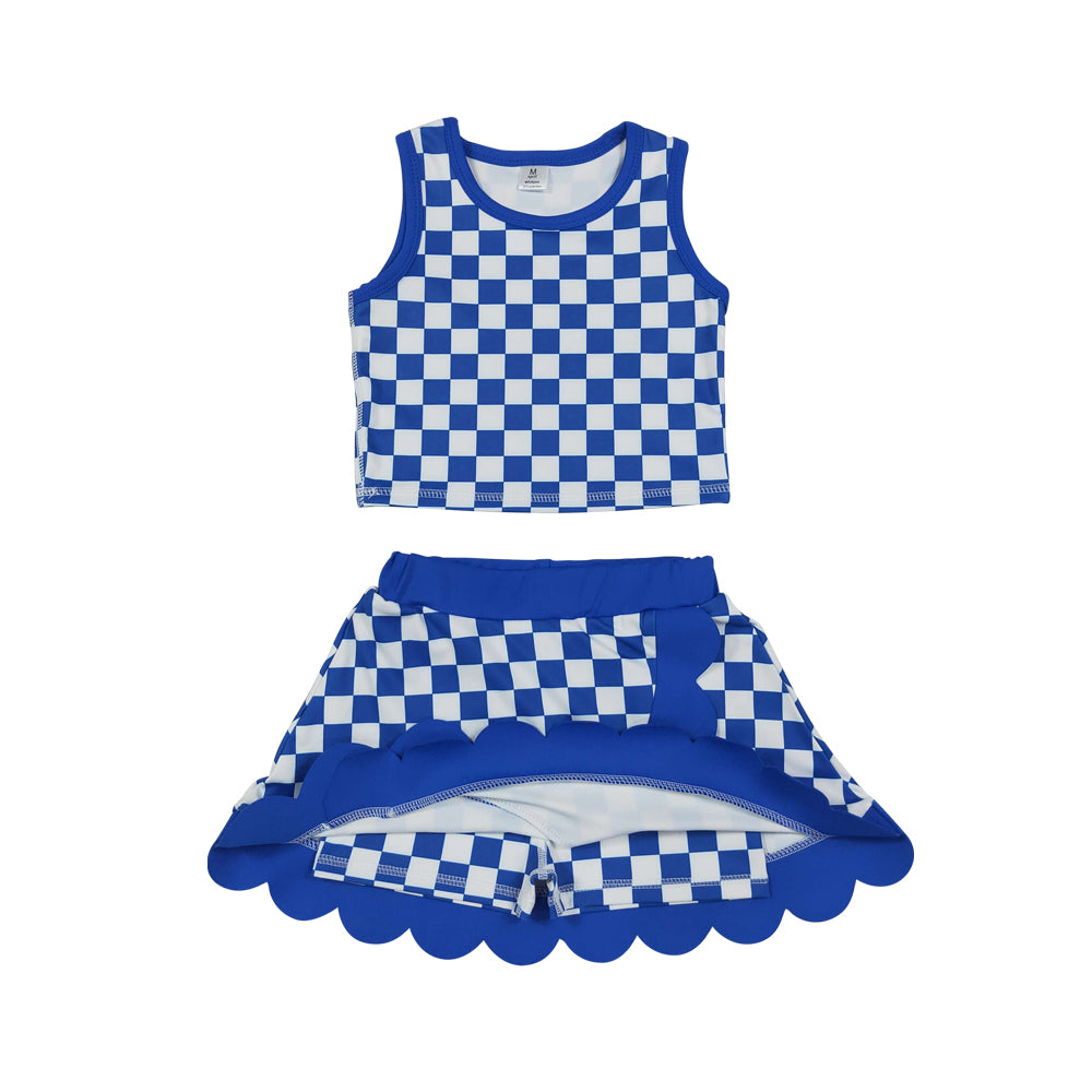 Athletic Blue Plaid Scalloped With Bow Skort Outfits GSD4110