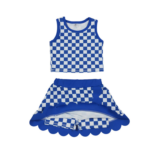Athletic Blue Plaid Scalloped With Bow Skort Outfits GSD4110