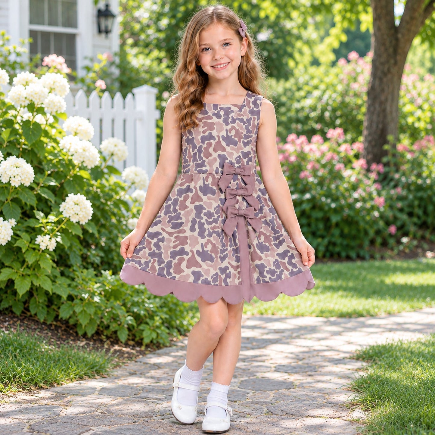 GSD4227 Hunting Camo Bows Scallop Edge Yoga Girl's Dress Onesie