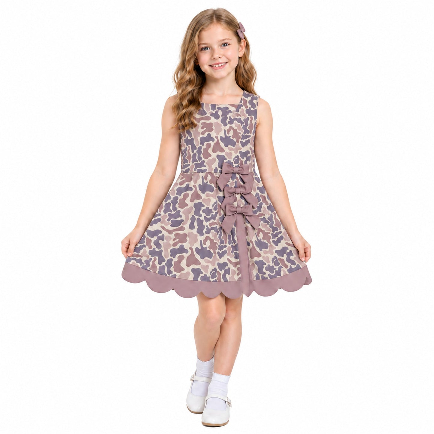 GSD4227 Hunting Camo Bows Scallop Edge Yoga Girl's Dress Onesie