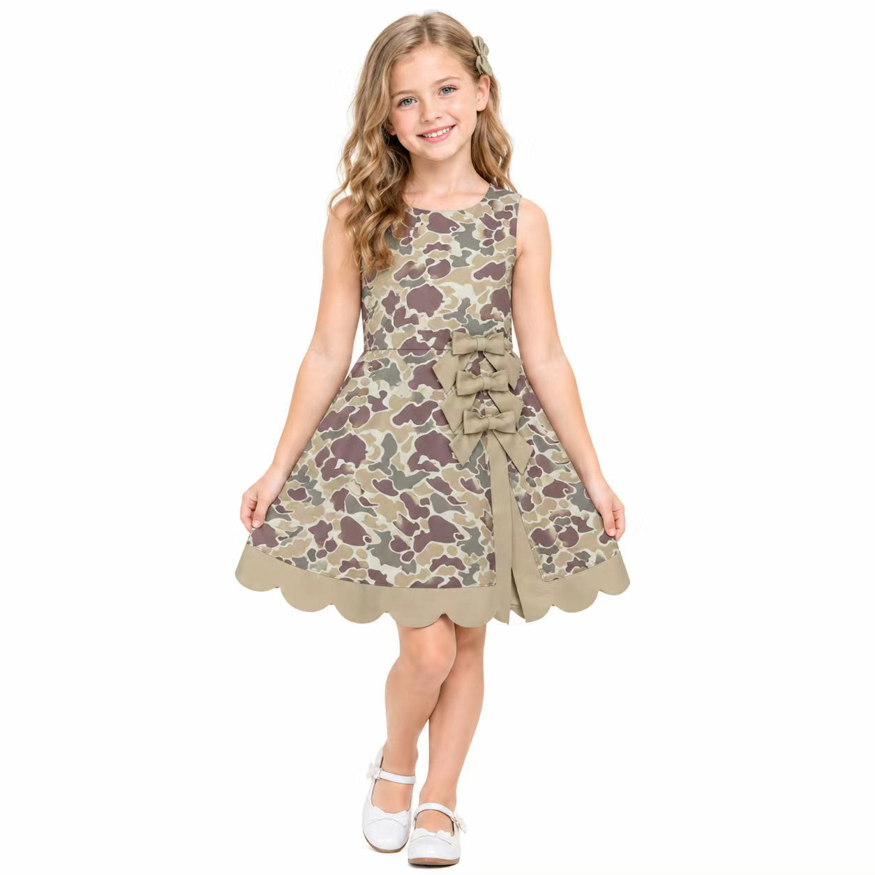 GSD4228 Hunting Camo Bows Scallop Edge Yoga Girl's Dress Onesie