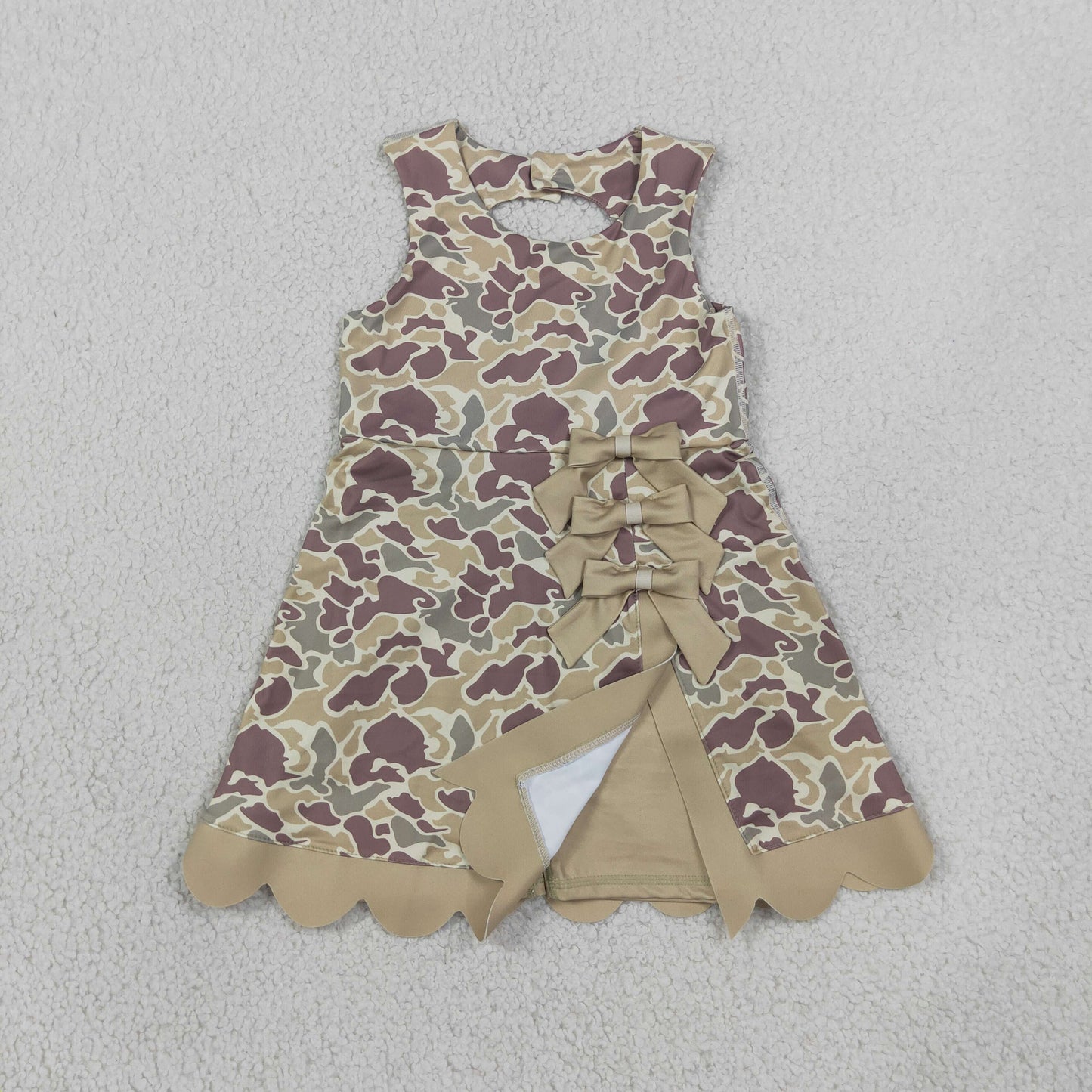 GSD4228 Hunting Camo Bows Scallop Edge Yoga Girl's Dress Onesie