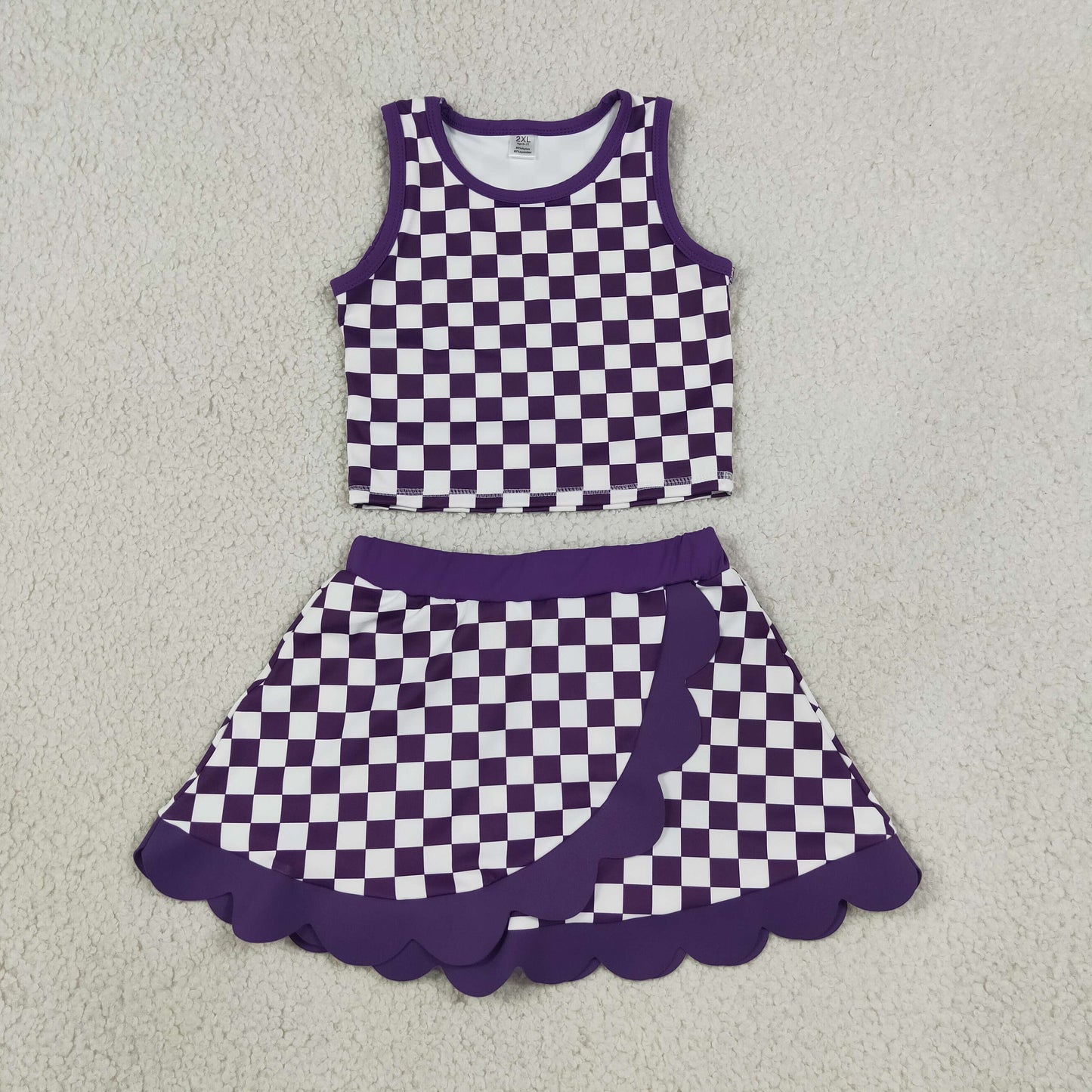GSD4251 Purple Plaid Scallop Edge Yoga Girls Skorts Set