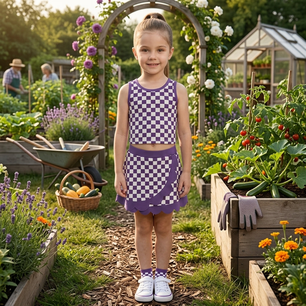 GSD4251 Purple Plaid Scallop Edge Yoga Girls Skorts Set