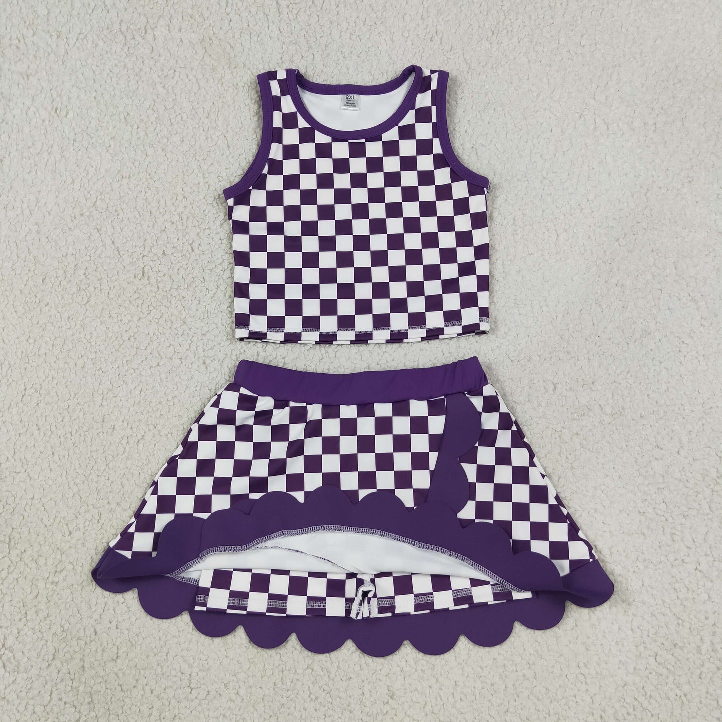 GSD4251 Purple Plaid Scallop Edge Yoga Girls Skorts Set