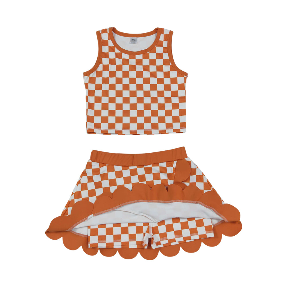 Athletic orange plaid Scalloped With Bow Skort Outfits GSD4252