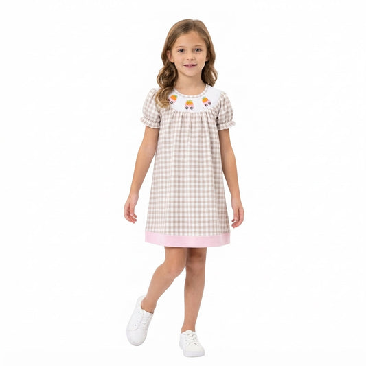 GSD4258 Smocked Fall Pumpkin Car Plaid Girl's Dress