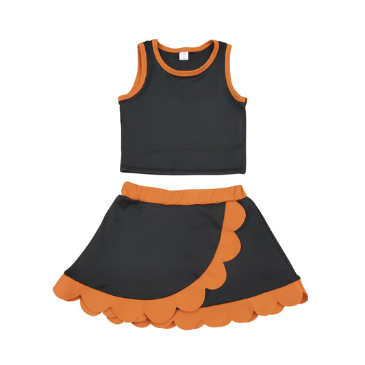 Athletic Black and orange Scalloped With Bow Skort Outfits GSD4259