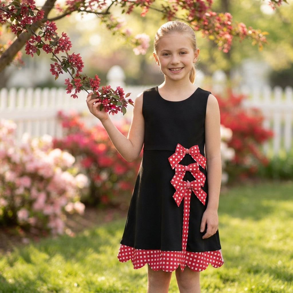GSD4263 Red Plaid Black Scallop Edge Yoga Girl's Dress Onesie