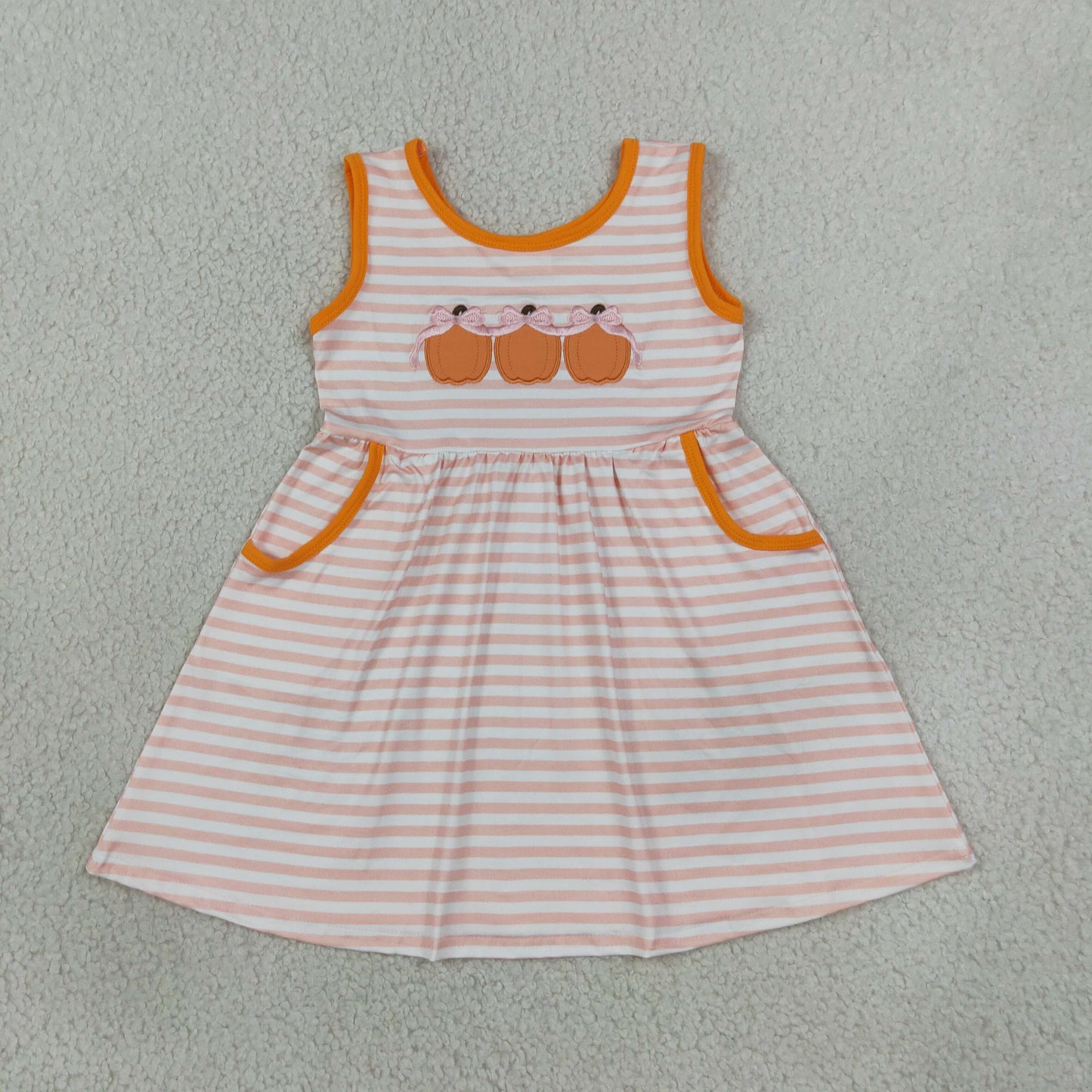 GSD4265 Embroidery Fall Pumpkin Bows Stripe Pink Girl's Dress