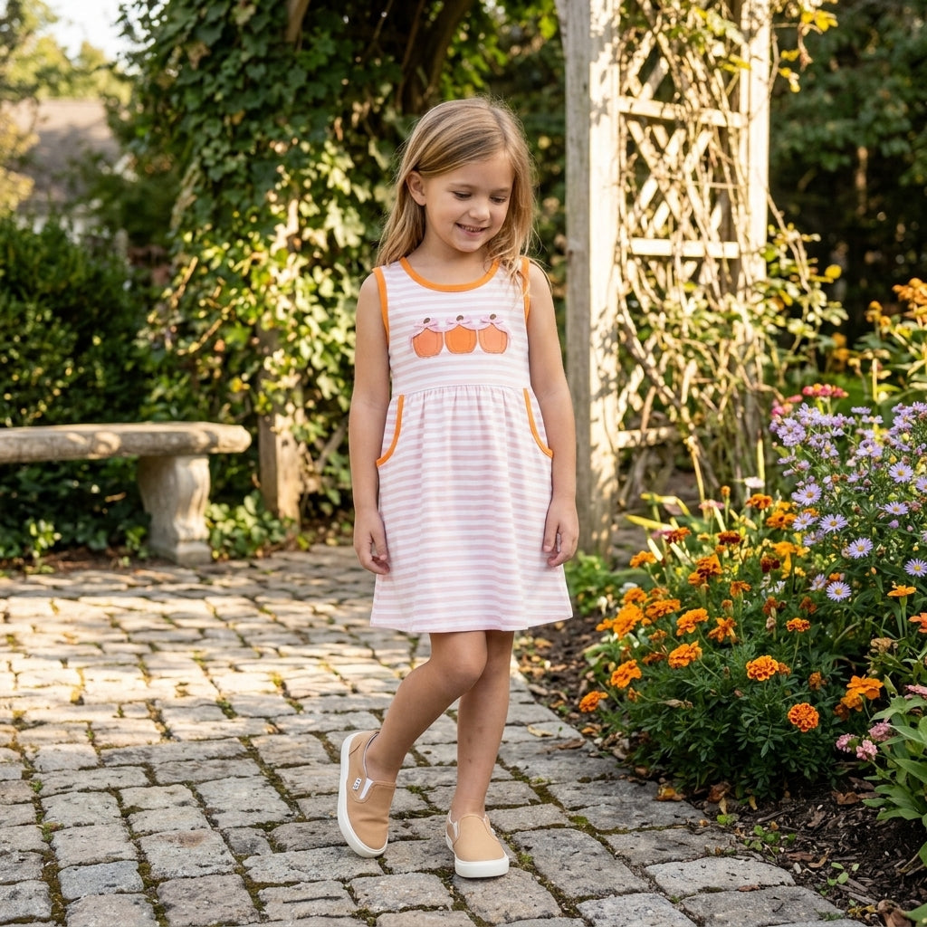 GSD4265 Embroidery Fall Pumpkin Bows Stripe Pink Girl's Dress