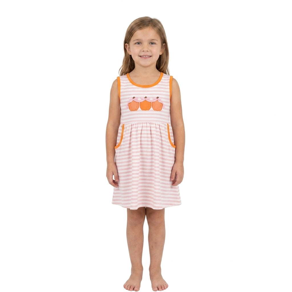 GSD4265 Embroidery Fall Pumpkin Bows Stripe Pink Girl's Dress