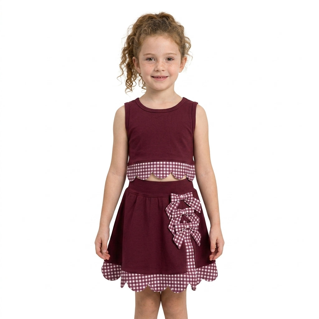 GSD4266 Red Plaid Bows Scallop Edge Yoga Girls Skorts Set