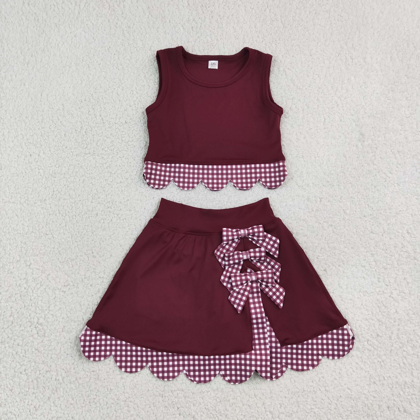 GSD4266 Red Plaid Bows Scallop Edge Yoga Girls Skorts Set