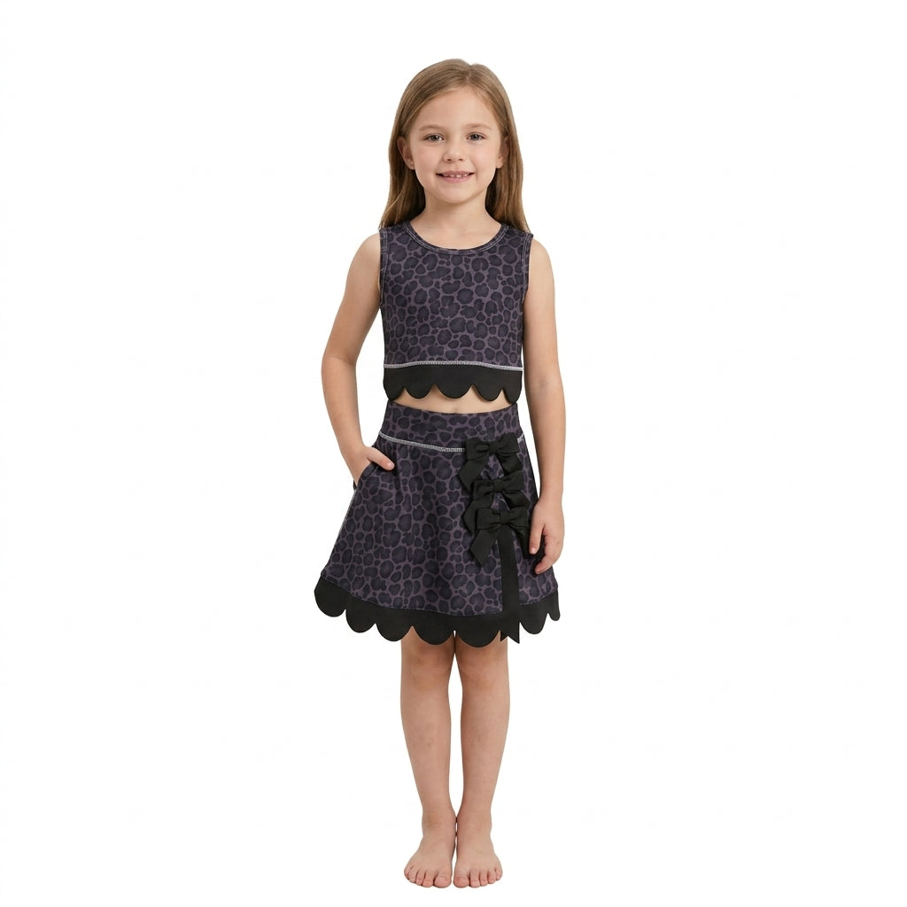 GSD4268 Black Leopard Bows Scallop Edge Yoga Girls Skorts Set
