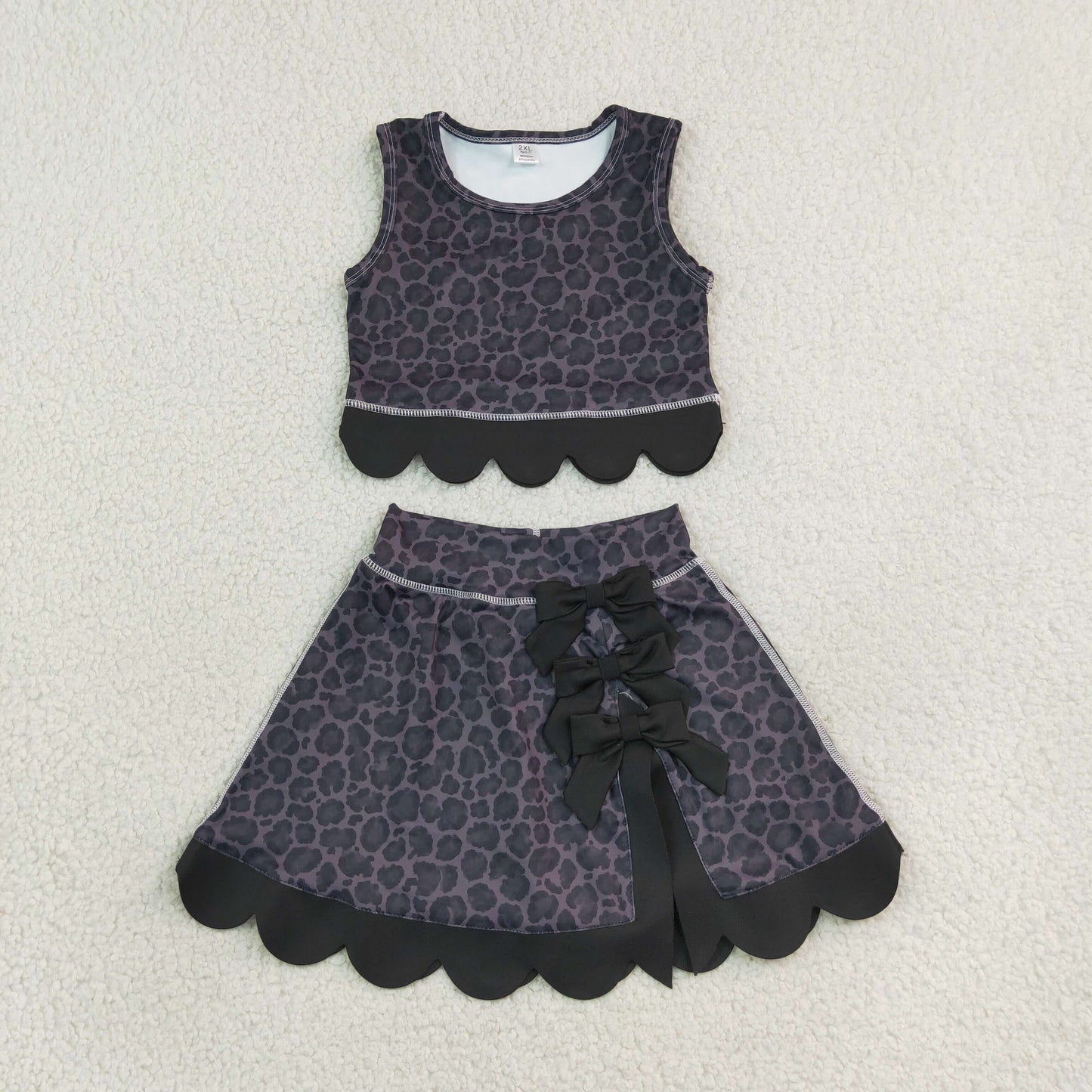 GSD4268 Black Leopard Bows Scallop Edge Yoga Girls Skorts Set