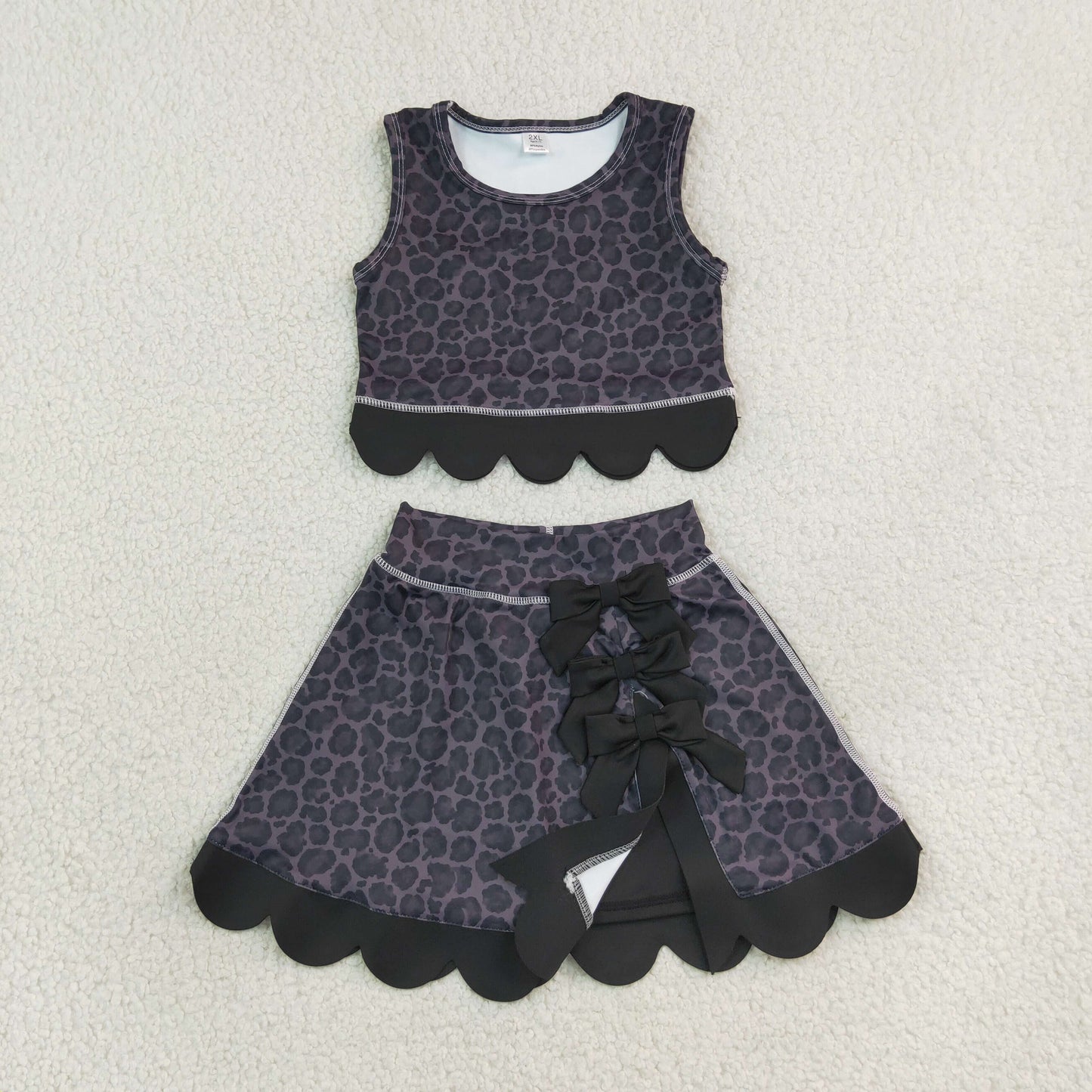 GSD4268 Black Leopard Bows Scallop Edge Yoga Girls Skorts Set