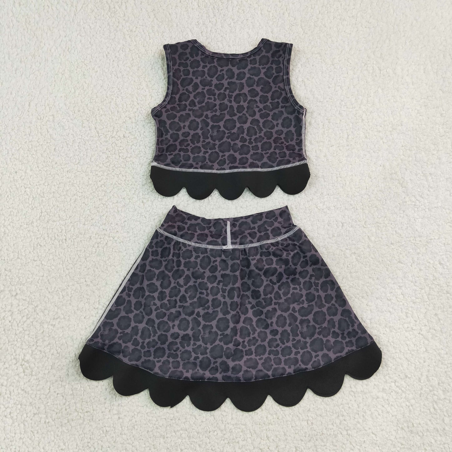 GSD4268 Black Leopard Bows Scallop Edge Yoga Girls Skorts Set