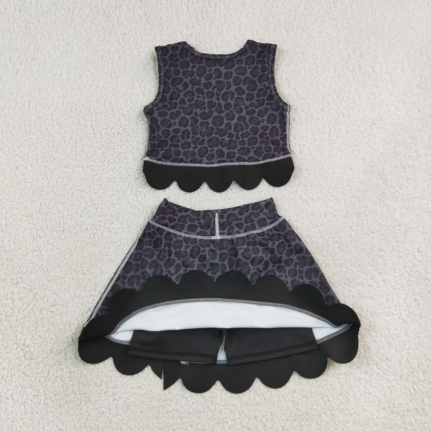 GSD4268 Black Leopard Bows Scallop Edge Yoga Girls Skorts Set