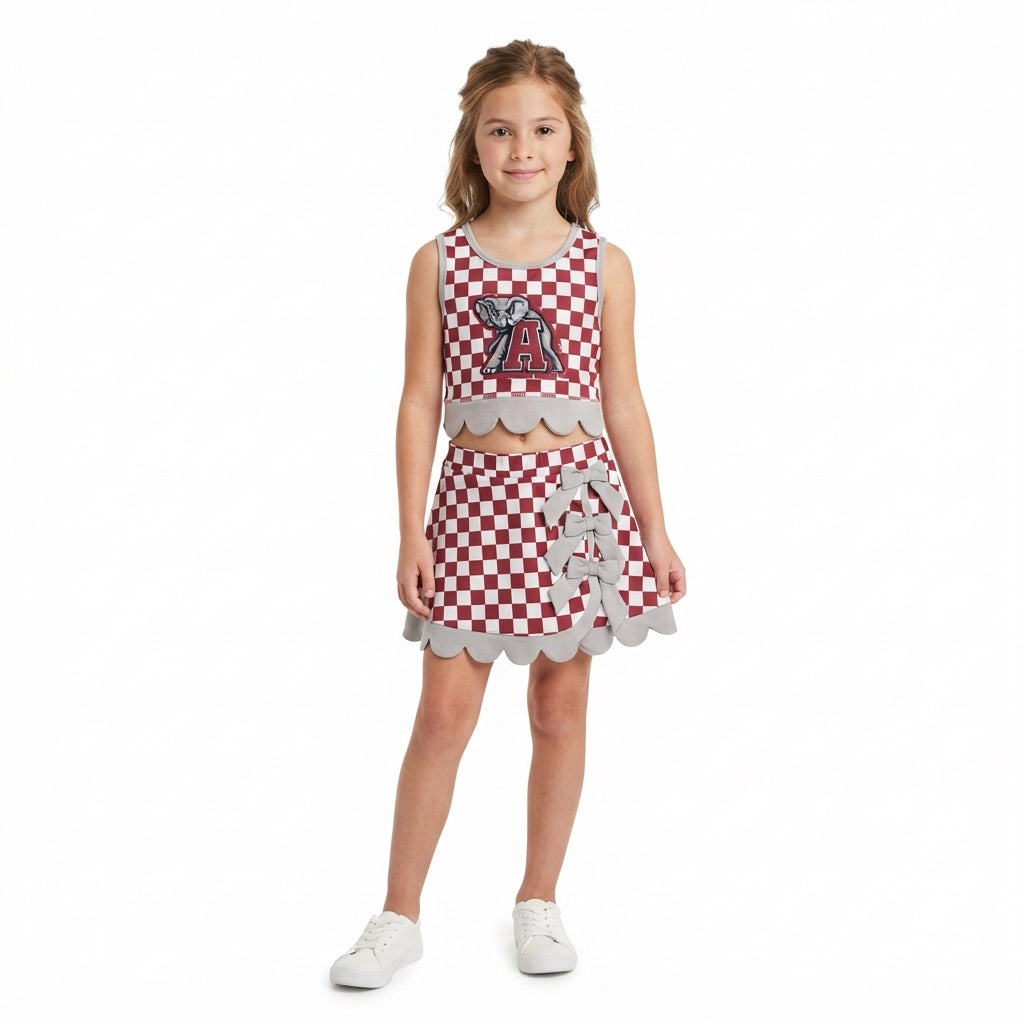 GSD4284 Mascot School Team Plaid Gray Bows Scallop Edge Yoga Girls Skorts Set